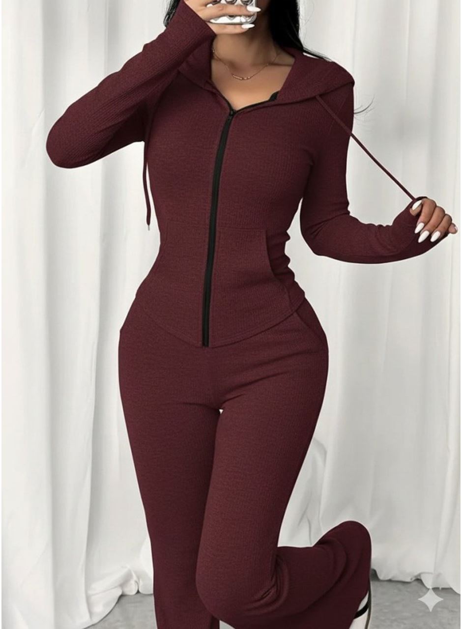 Kadın Uzun Kollu Kapşonlu Bağcıklı önü Fermuarlı Viskon Iki Iplik Bluz Ve Pantolon Ikili Takım