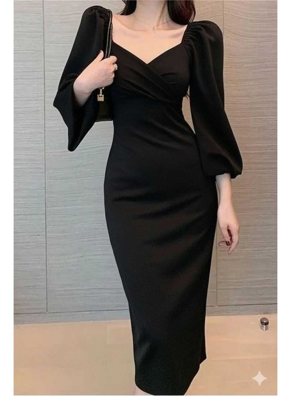 Kadın Uzun Kollu Kalp Yakalı Midi Ithal Krep Elbise