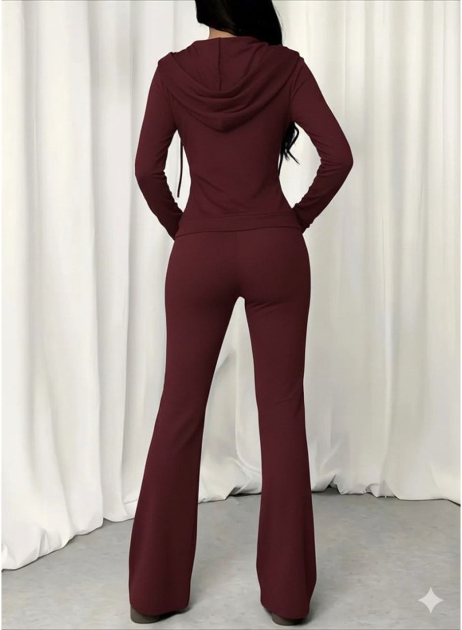 Kadın Uzun Kollu Kapşonlu Bağcıklı önü Fermuarlı Viskon Iki Iplik Bluz Ve Pantolon Ikili Takım