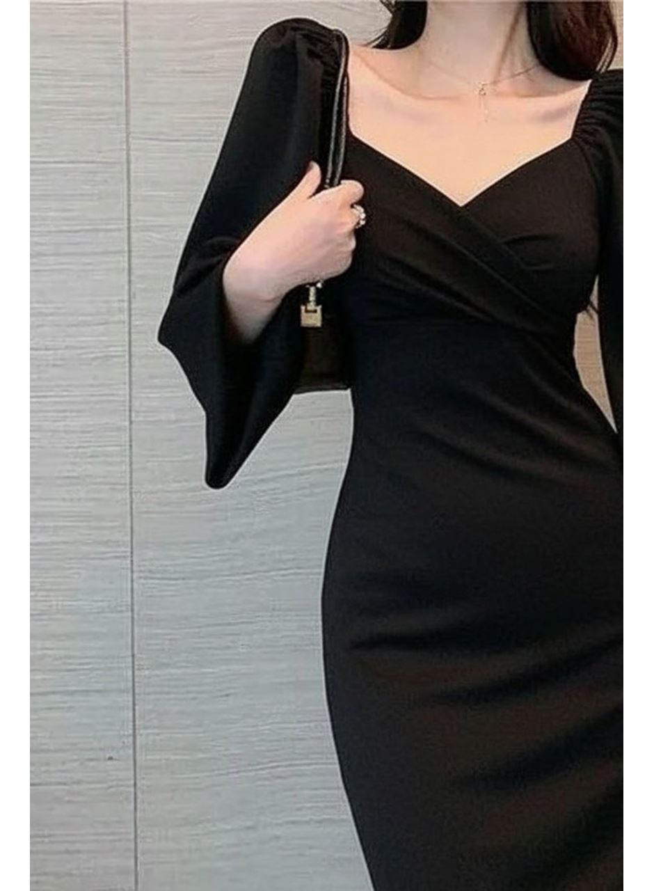 Kadın Uzun Kollu Kalp Yakalı Midi Ithal Krep Elbise