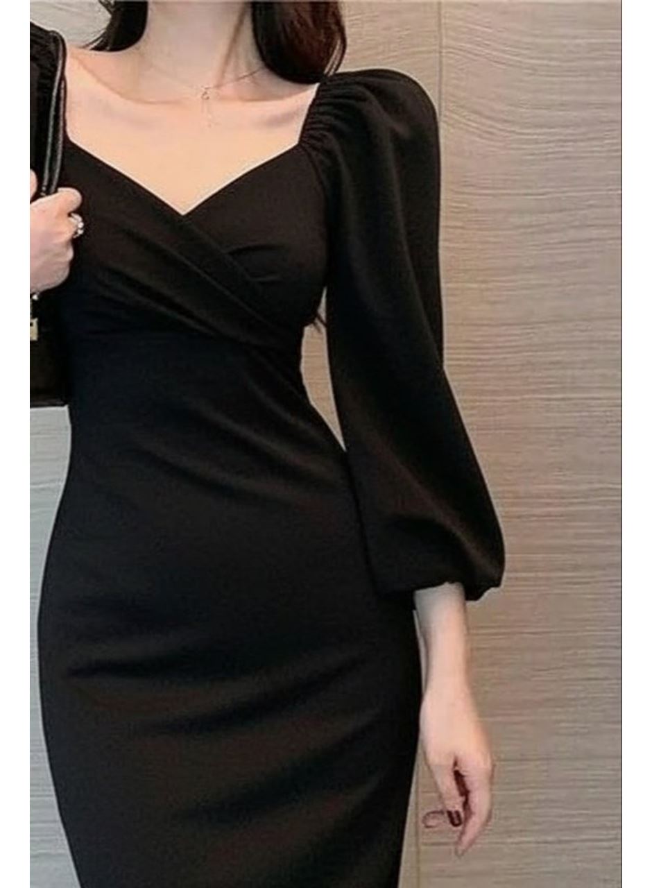 Kadın Uzun Kollu Kalp Yakalı Midi Ithal Krep Elbise