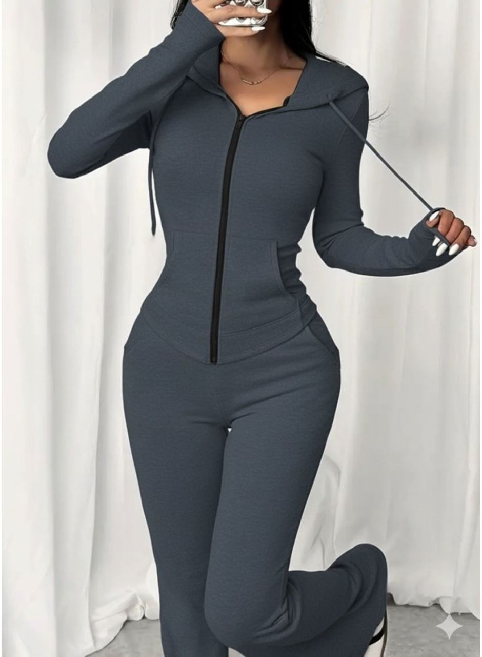 Kadın Uzun Kollu Kapşonlu Bağcıklı önü Fermuarlı Viskon Iki Iplik Bluz Ve Pantolon Ikili Takım