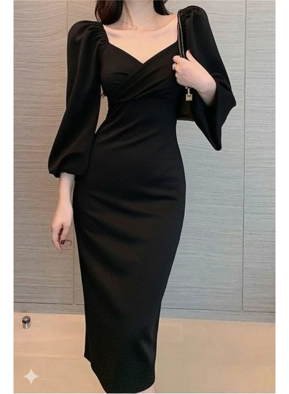 Kadın Uzun Kollu Kalp Yakalı Midi Ithal Krep Elbise