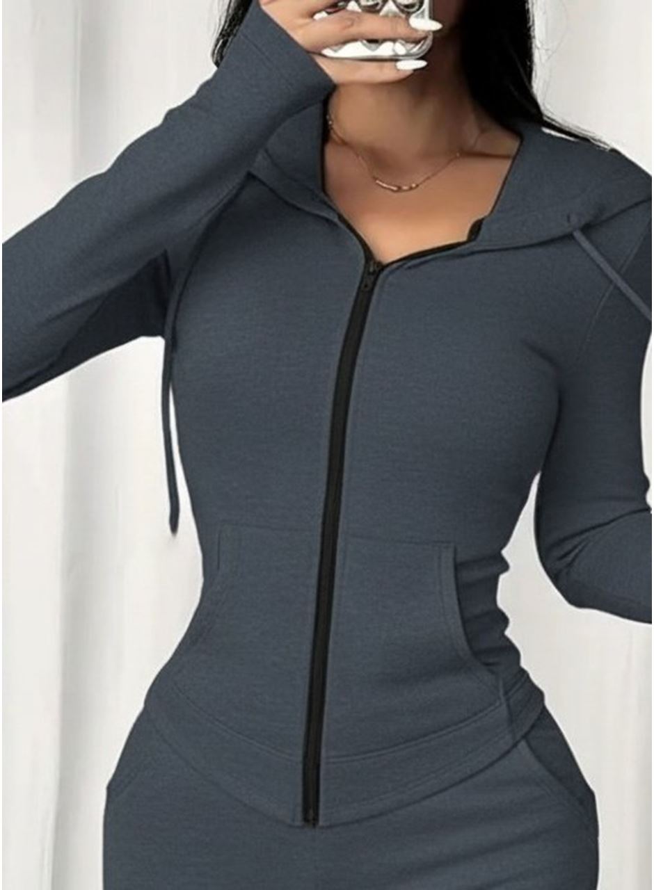 Kadın Uzun Kollu Kapşonlu Bağcıklı önü Fermuarlı Viskon Iki Iplik Bluz Ve Pantolon Ikili Takım