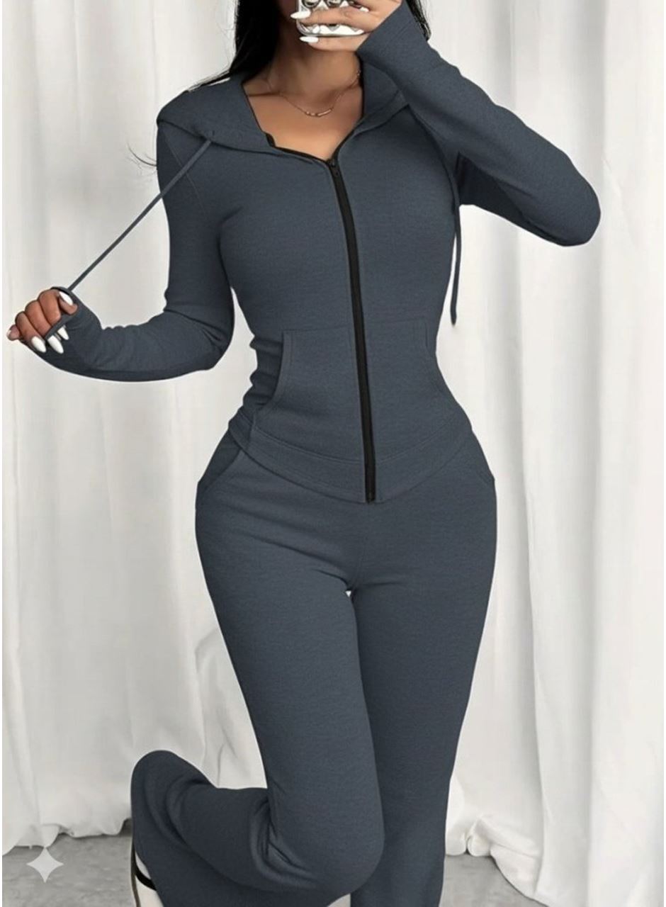 Kadın Uzun Kollu Kapşonlu Bağcıklı önü Fermuarlı Viskon Iki Iplik Bluz Ve Pantolon Ikili Takım