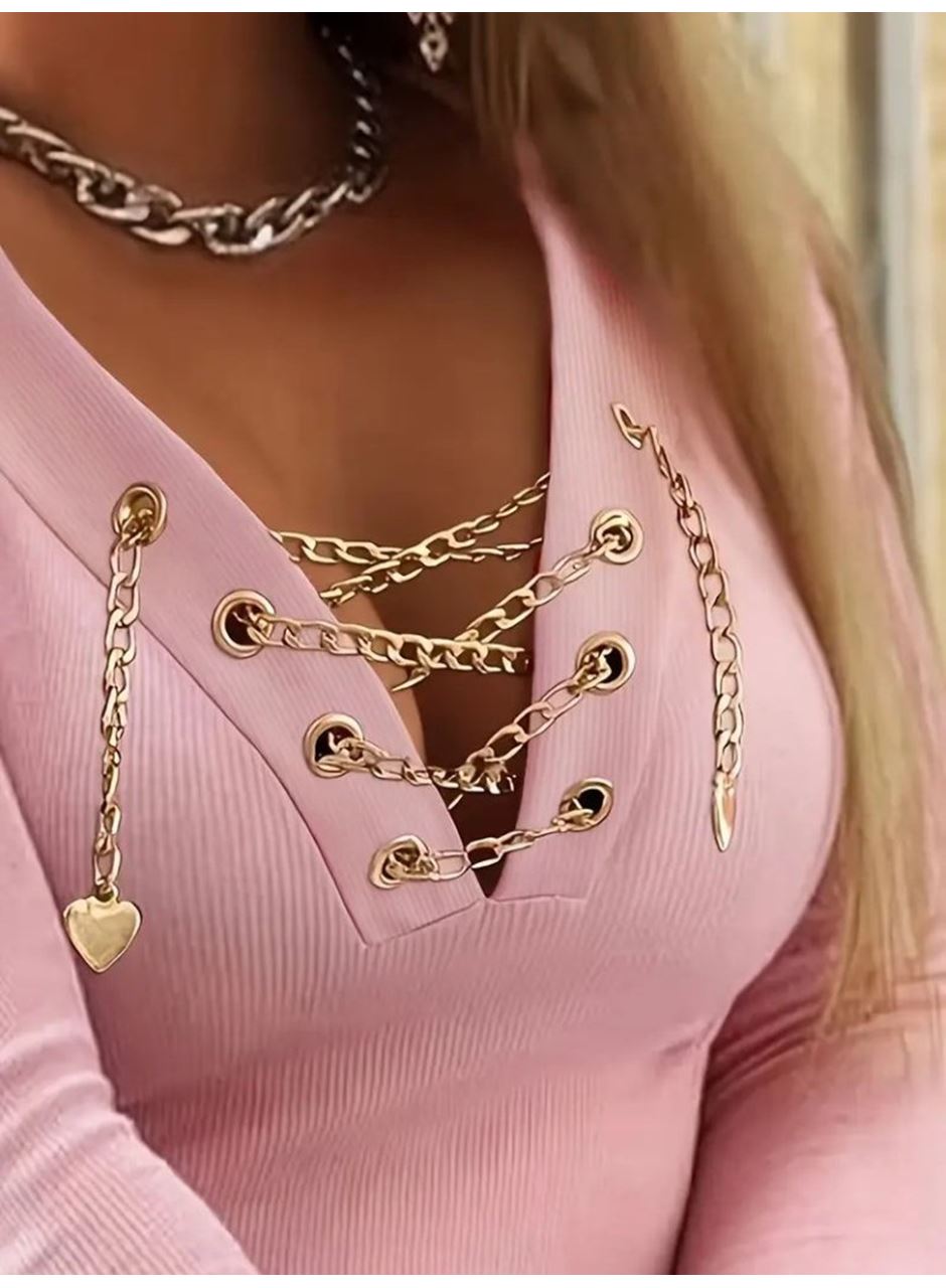 Kadın Uzun Kollu V çapraz Zincir Detaylı Kaşkorse Bluz