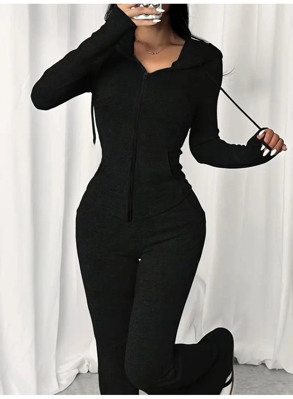 Kadın Uzun Kollu Kapşonlu Bağcıklı önü Fermuarlı Viskon Iki Iplik Bluz Ve Pantolon Ikili Takım