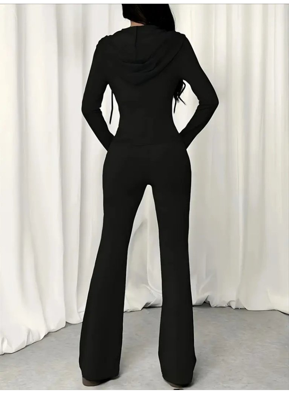 Kadın Uzun Kollu Kapşonlu Bağcıklı önü Fermuarlı Viskon Iki Iplik Bluz Ve Pantolon Ikili Takım