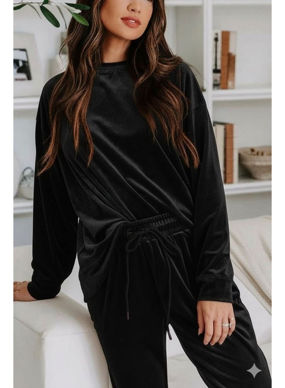 Kadın Uzun Kollu Yuvarlak Yakalı Kadife Bluz Ve Pantolon Takım