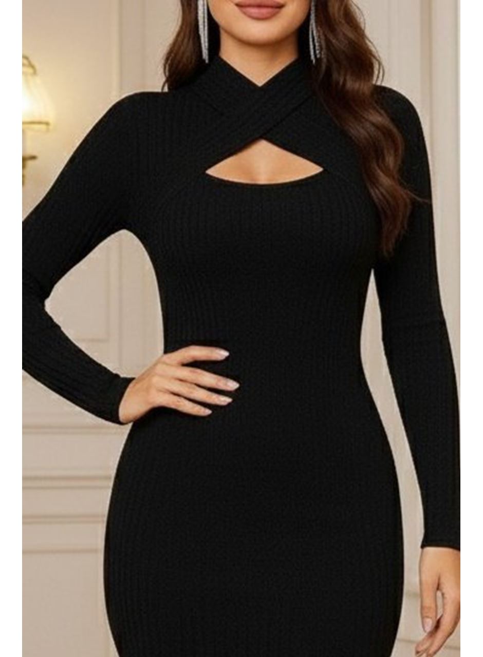 Kadın Uzun Kollu Göğüs Pencere Detaylı çapraz Yaka Detaylı şardonlu Kaşkorse Midi Elbise