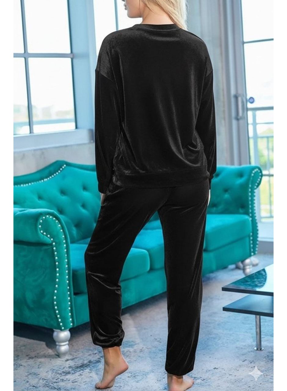 Kadın Uzun Kollu Yuvarlak Yakalı Kadife Bluz Ve Pantolon Takım