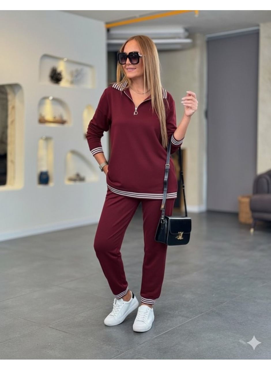 Kadın Uzun Kollu Fermuarlı şerit Detay Desenli Alt üst Ikili Viskon Iki Iplik Takım