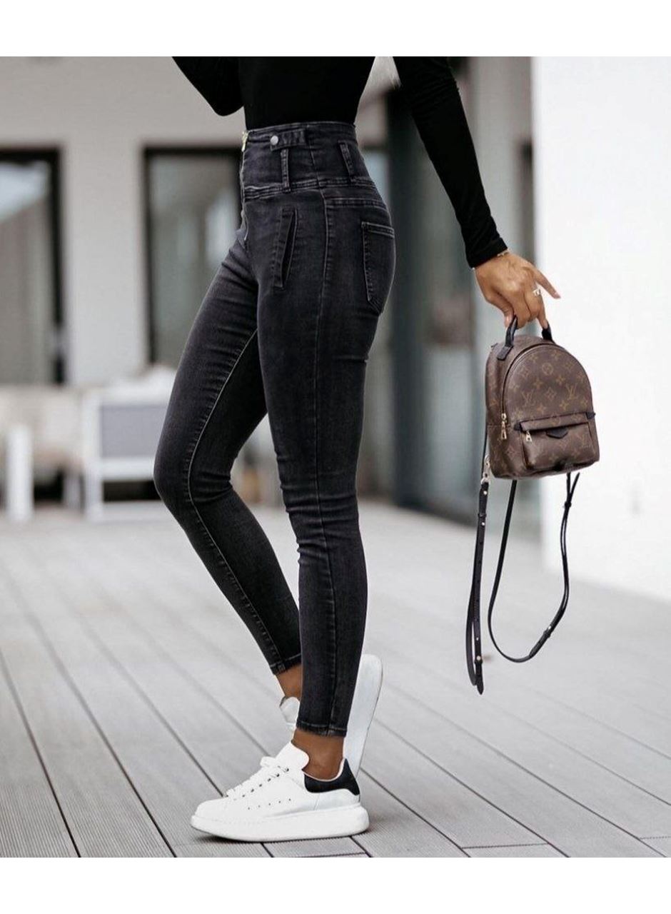 Kadın Fermuar Detay Yüksek Kemerli Kot Pantolon