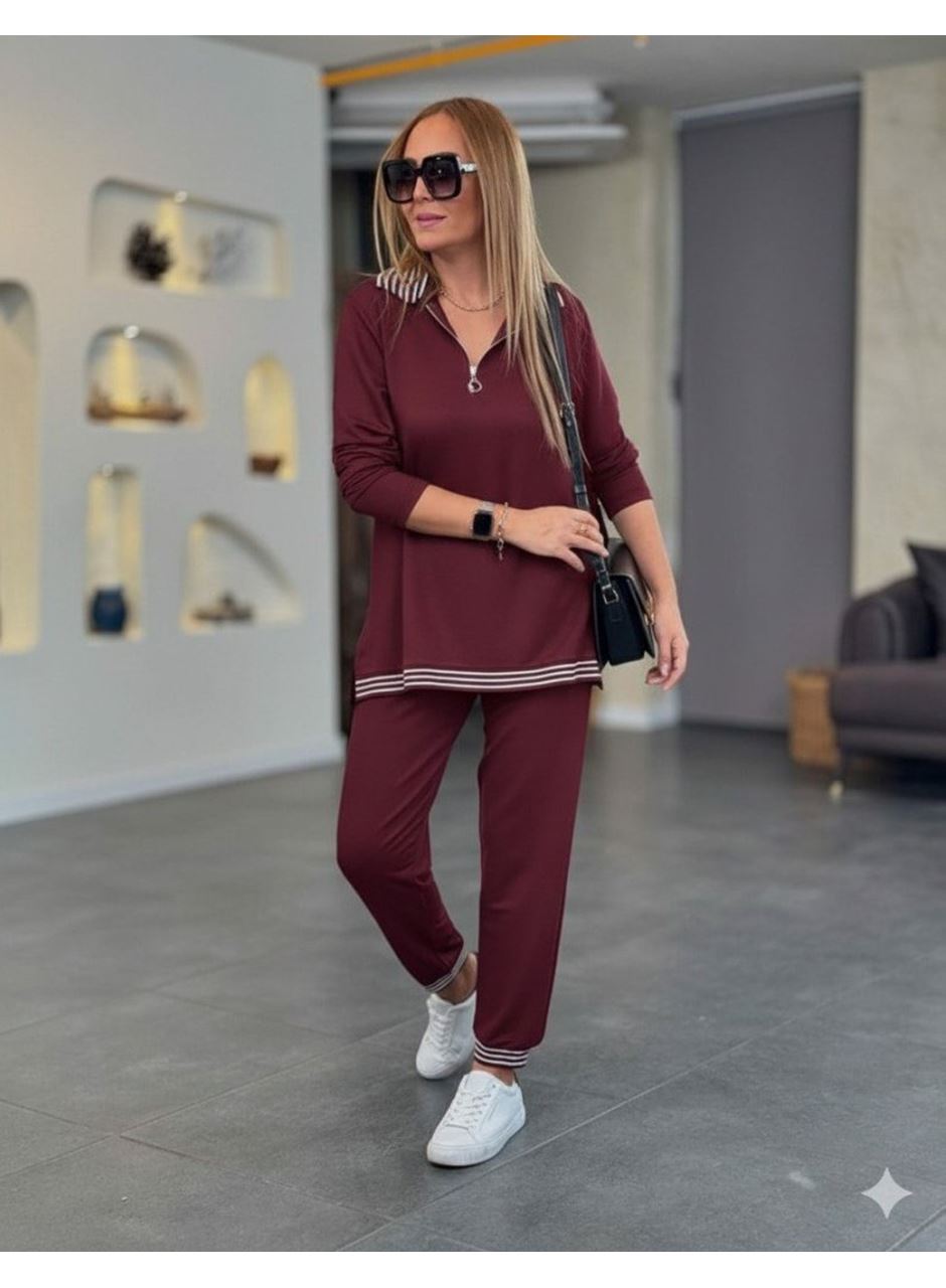 Kadın Uzun Kollu Fermuarlı şerit Detay Desenli Alt üst Ikili Viskon Iki Iplik Takım