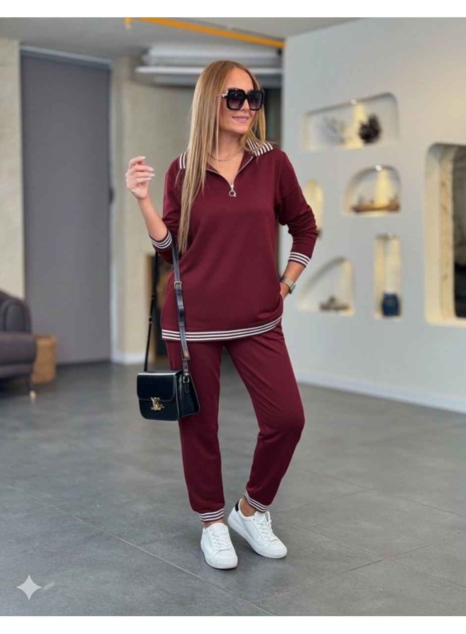 Kadın Uzun Kollu Fermuarlı şerit Detay Desenli Alt üst Ikili Viskon Iki Iplik Takım