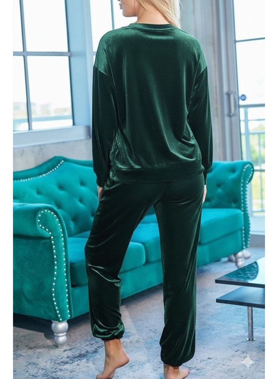 Kadın Uzun Kollu Yuvarlak Yakalı Kadife Bluz Ve Pantolon Takım