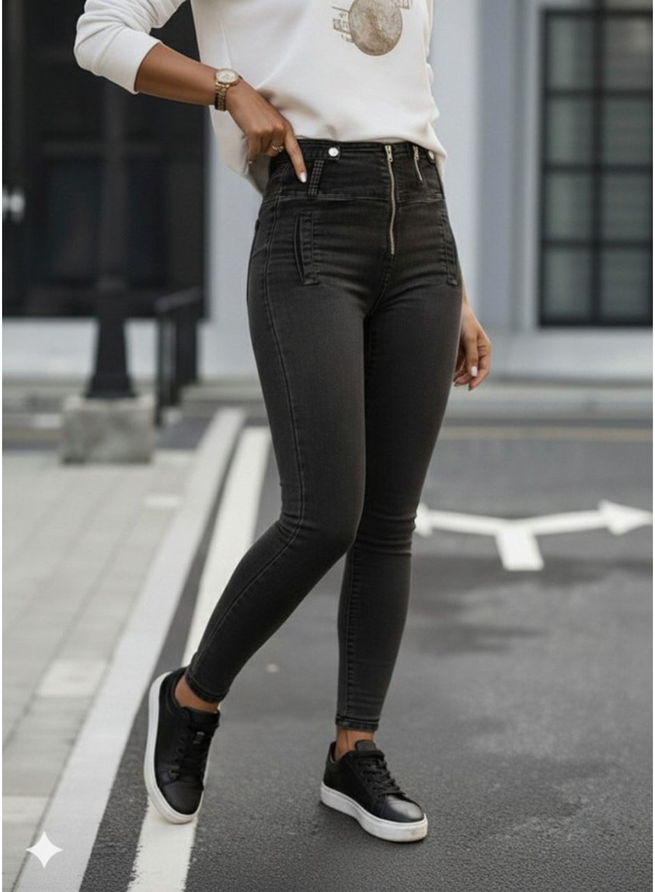 Kadın Fermuar Detay Yüksek Kemerli Kot Pantolon