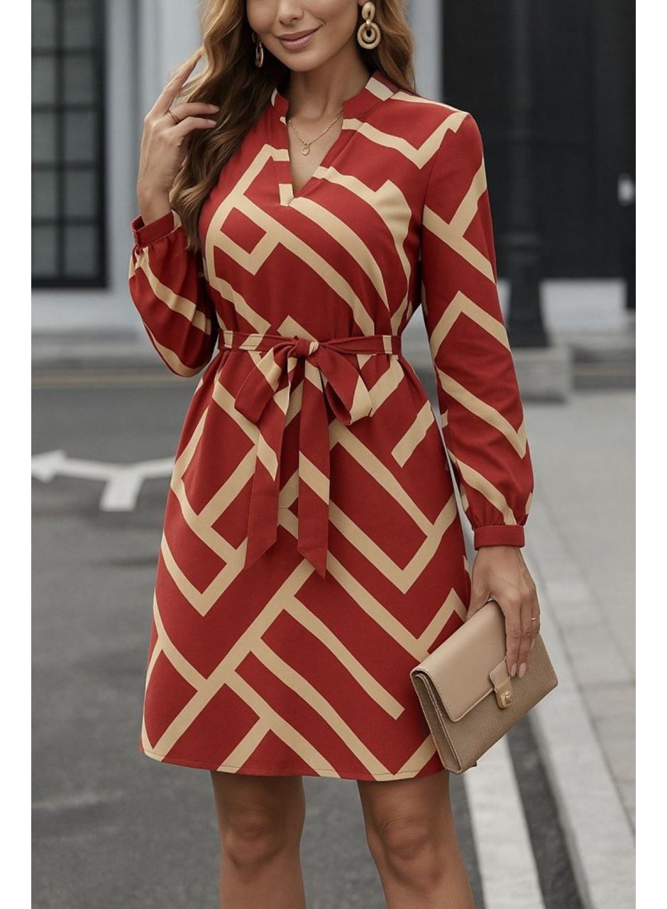 Kadın Uzun Kollu V Yakalı Desenli Belinde Kuşaklı Dalgıç Elbise