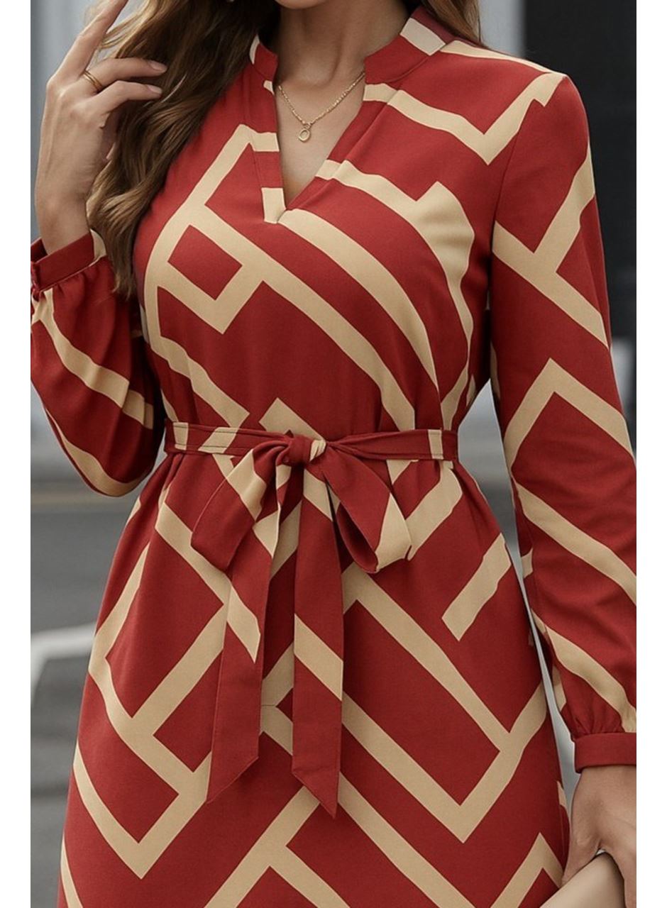 Kadın Uzun Kollu V Yakalı Desenli Belinde Kuşaklı Dalgıç Elbise