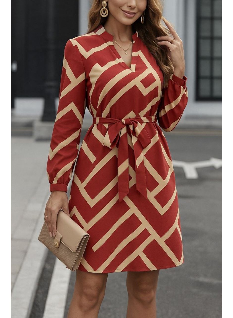 Kadın Uzun Kollu V Yakalı Desenli Belinde Kuşaklı Dalgıç Elbise