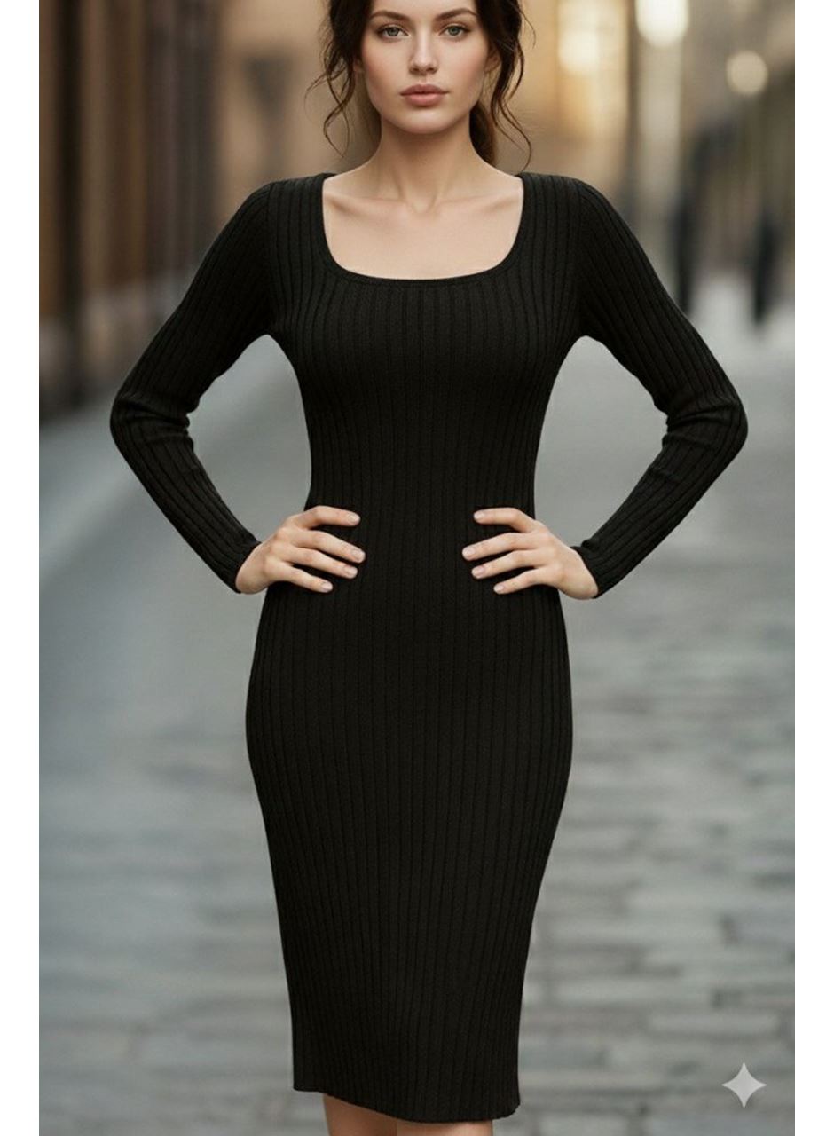 Kadın Uzun Kollu Kare Yakalı Midi şardonlu Kaşkorse Elbise