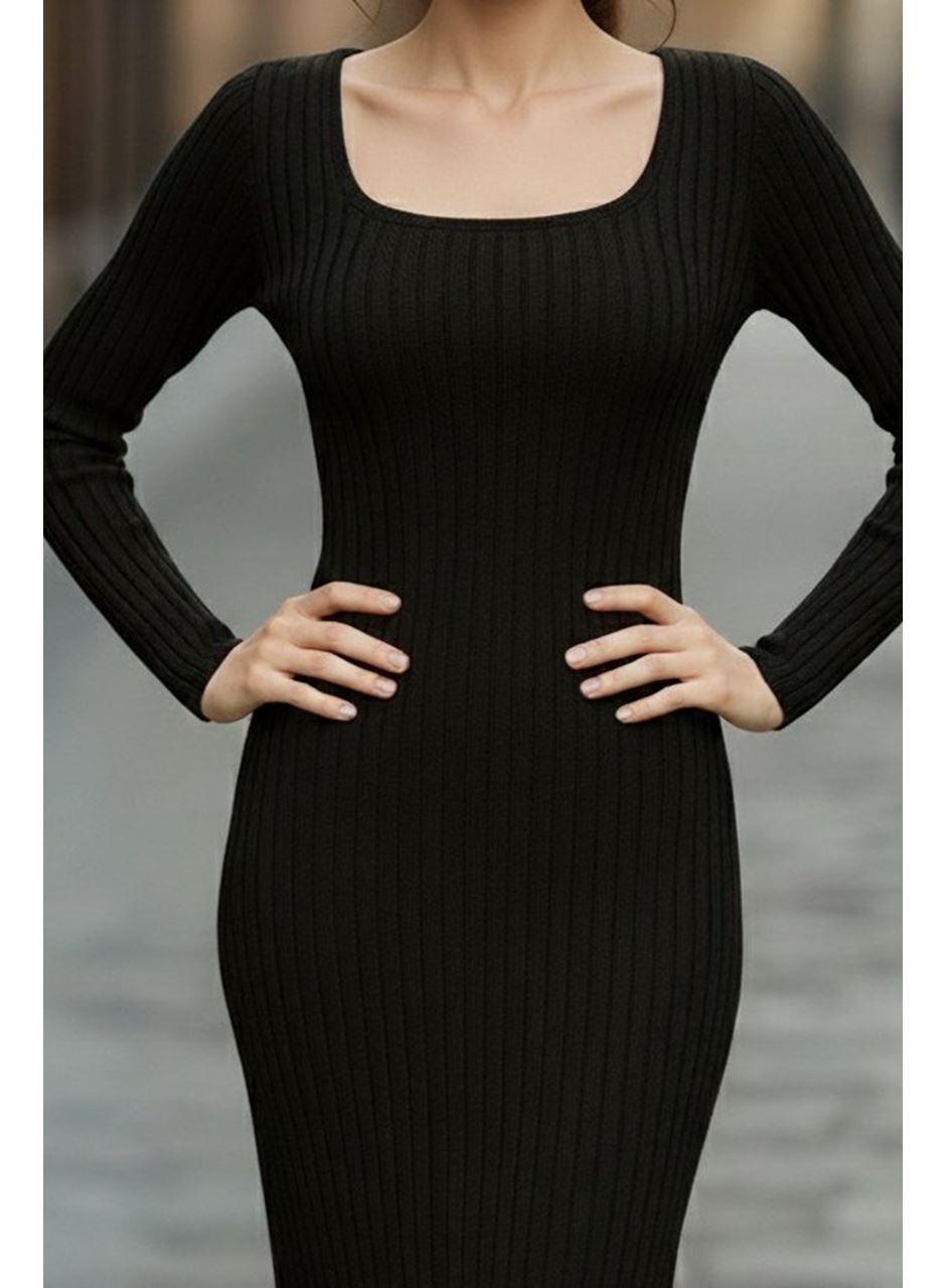 Kadın Uzun Kollu Kare Yakalı Midi şardonlu Kaşkorse Elbise