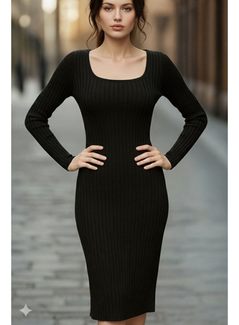 Kadın Uzun Kollu Kare Yakalı Midi şardonlu Kaşkorse Elbise