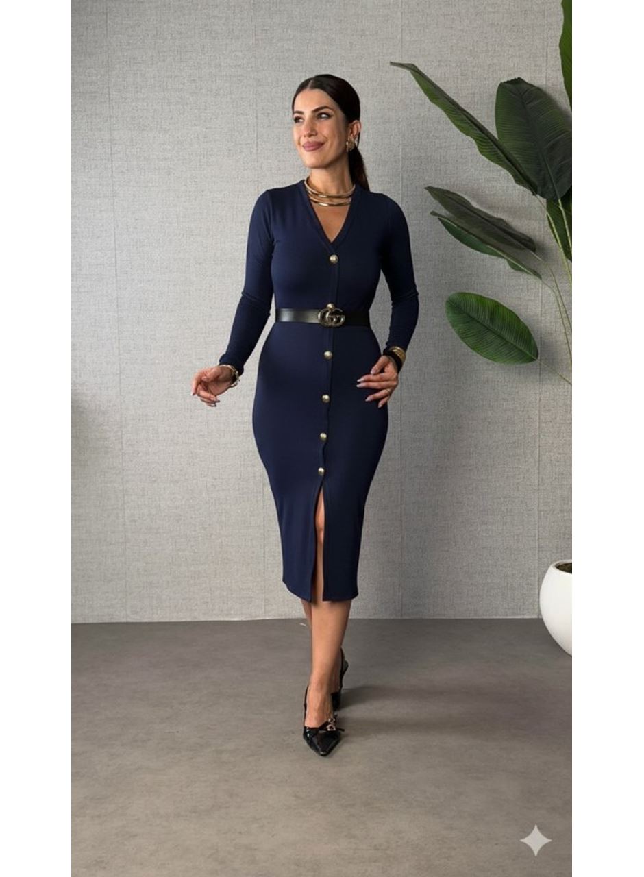 Kadın Uzun Kollu V Yakalı önden Düğmeli Yırtmaçlı Modal Midi Kemersiz Elbise