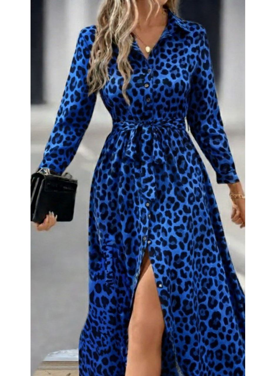 Kadın Uzun Kollu Yakalı Belden Kuşaklı Leopar Desenli Modal Uzun Elbise