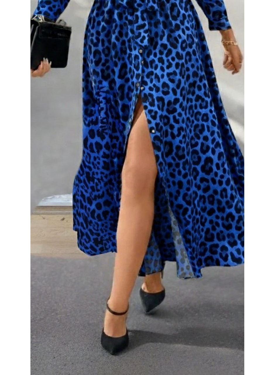 Kadın Uzun Kollu Yakalı Belden Kuşaklı Leopar Desenli Modal Uzun Elbise