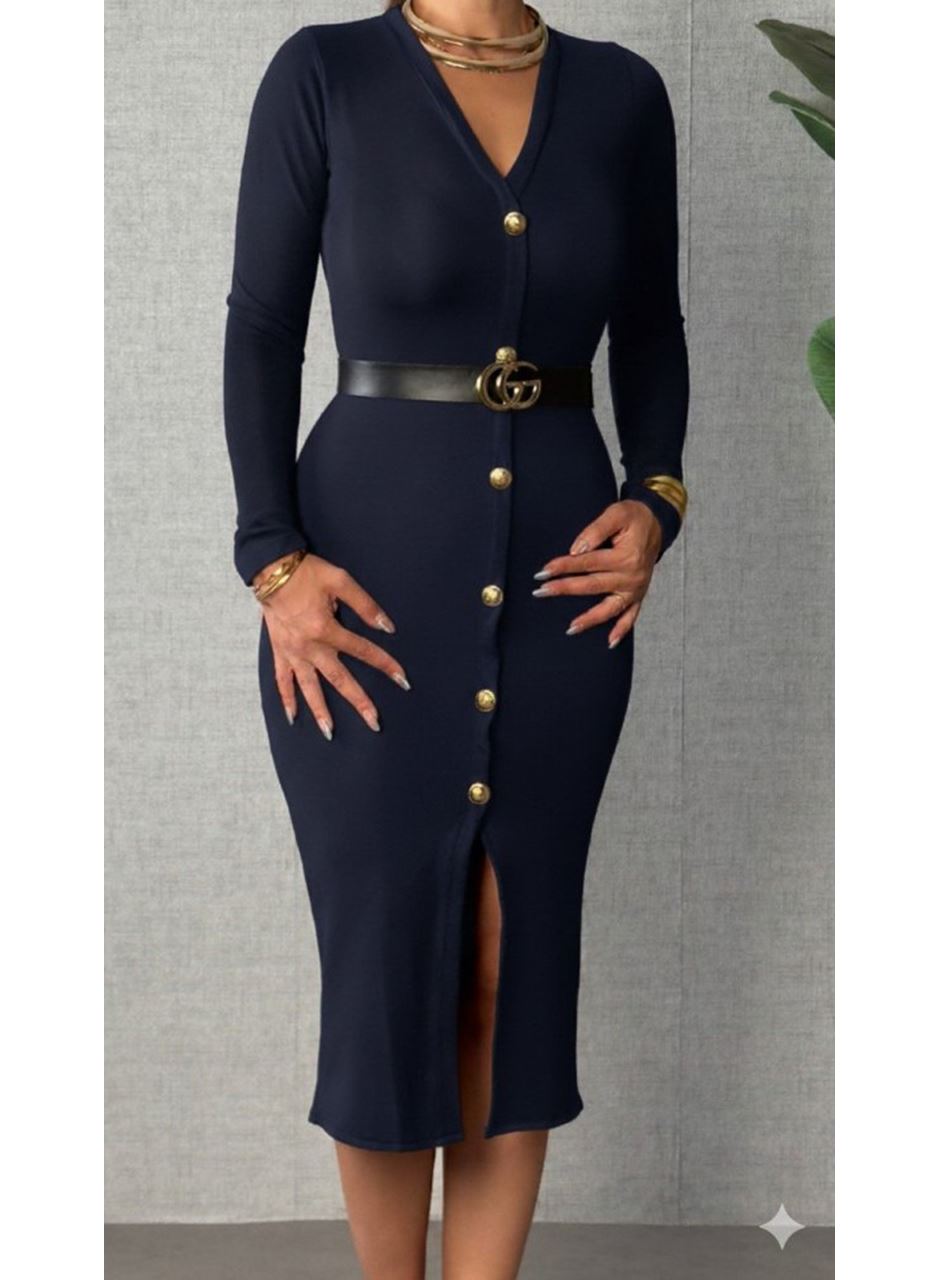 Kadın Uzun Kollu V Yakalı önden Düğmeli Yırtmaçlı Modal Midi Kemersiz Elbise