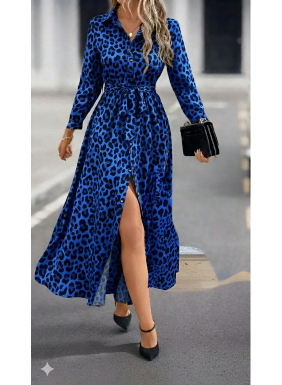 Kadın Uzun Kollu Yakalı Belden Kuşaklı Leopar Desenli Modal Uzun Elbise
