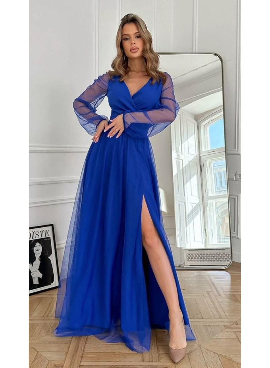 Kadın Uzun Kollu Kruvaze Yakalı Belden Kuşaklı Tüllü Uzun Ithal Krep Elbise