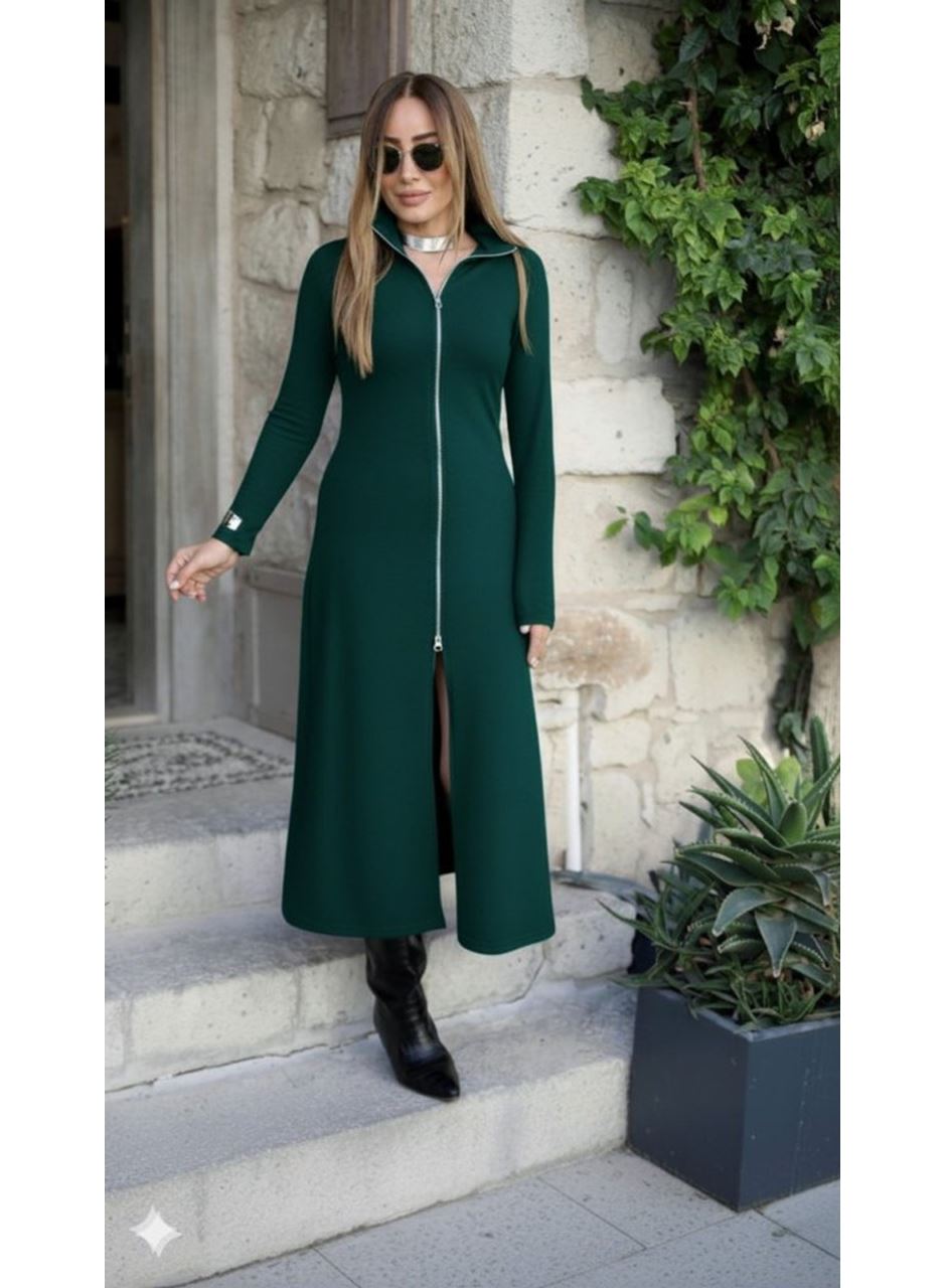 Kadın Uzun Kollu önden Fermuarlı Ithal Krep Elbise