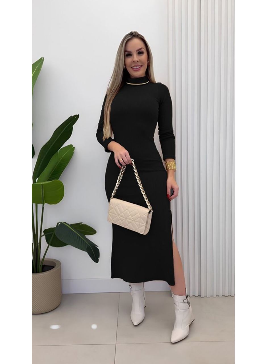 Kadın Uzun Kollu Balıkçı Yakalı Yanlardan Yırtmaçlı Kaşkorse Maxi Elbise