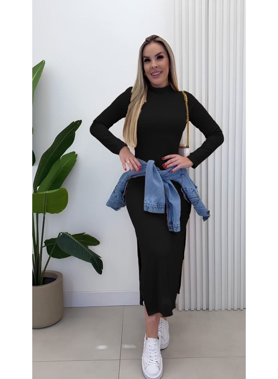 Kadın Uzun Kollu Balıkçı Yakalı Yanlardan Yırtmaçlı Kaşkorse Maxi Elbise