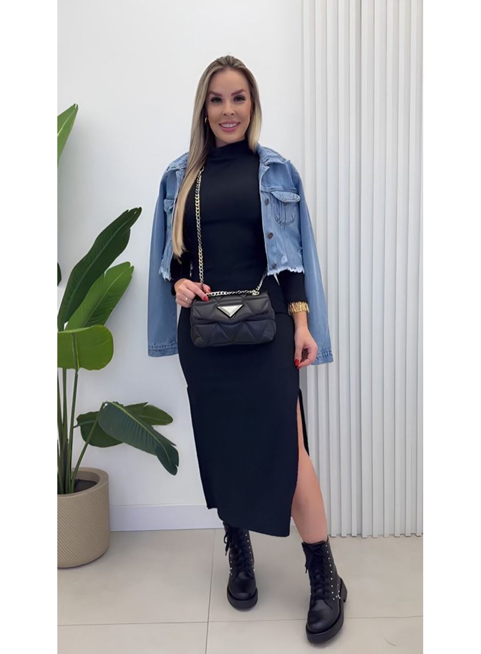 Kadın Uzun Kollu Balıkçı Yakalı Yanlardan Yırtmaçlı Kaşkorse Maxi Elbise