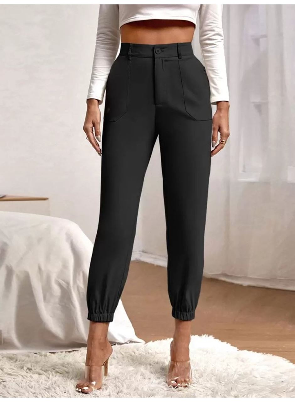 Kadın Yüksek Bel Cepli Paçası Lastikli Ithal Krep Pantolon