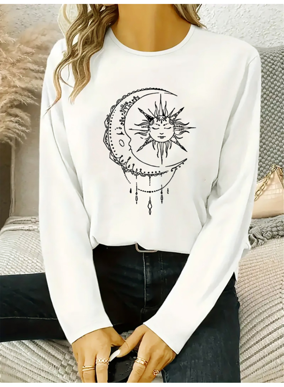 Kadın Uzun Kollu Bisiklet Yaka Ay Baskılı Viskon Bluz