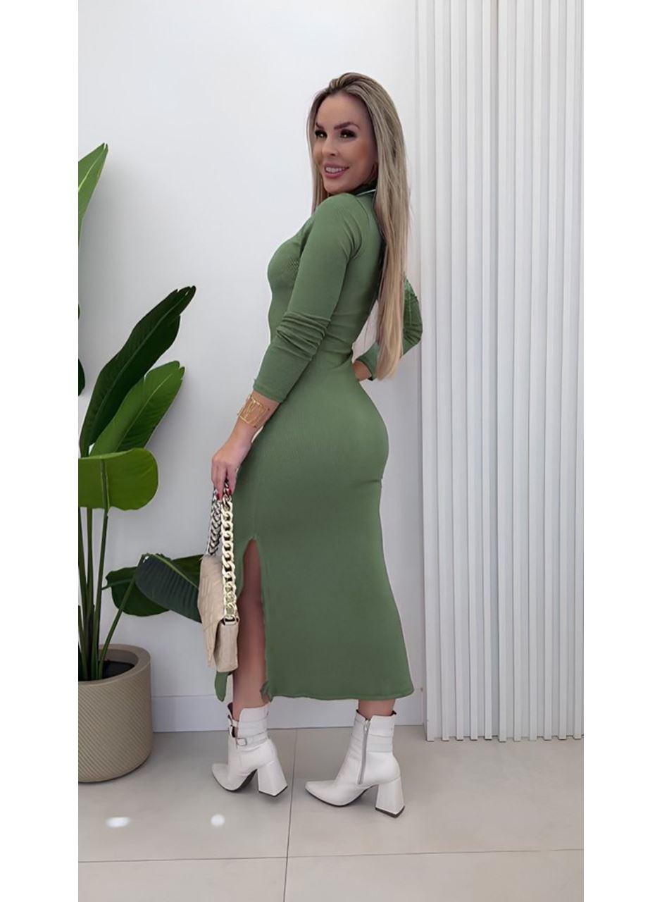 Kadın Uzun Kollu Balıkçı Yakalı Yanlardan Yırtmaçlı Kaşkorse Maxi Elbise