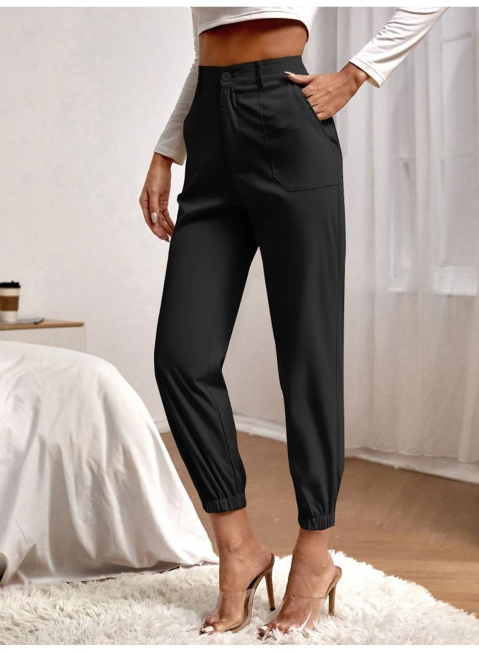 Kadın Yüksek Bel Cepli Paçası Lastikli Ithal Krep Pantolon