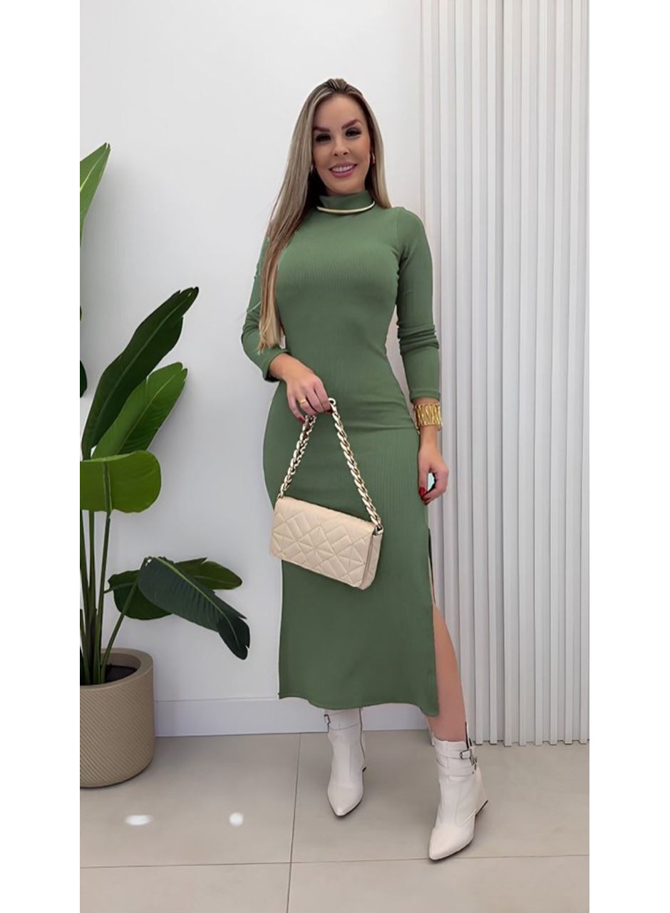 Kadın Uzun Kollu Balıkçı Yakalı Yanlardan Yırtmaçlı Kaşkorse Maxi Elbise