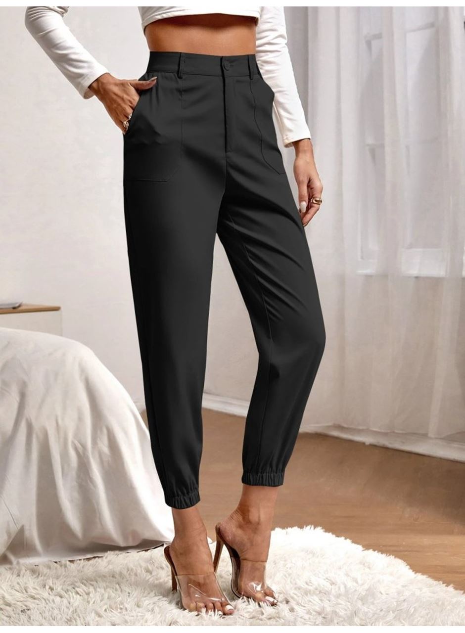 Kadın Yüksek Bel Cepli Paçası Lastikli Ithal Krep Pantolon