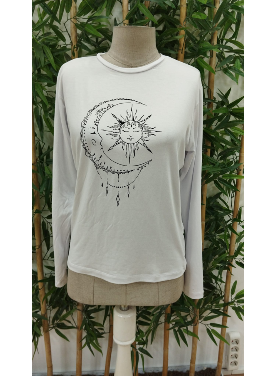 Kadın Uzun Kollu Bisiklet Yaka Ay Baskılı Viskon Bluz