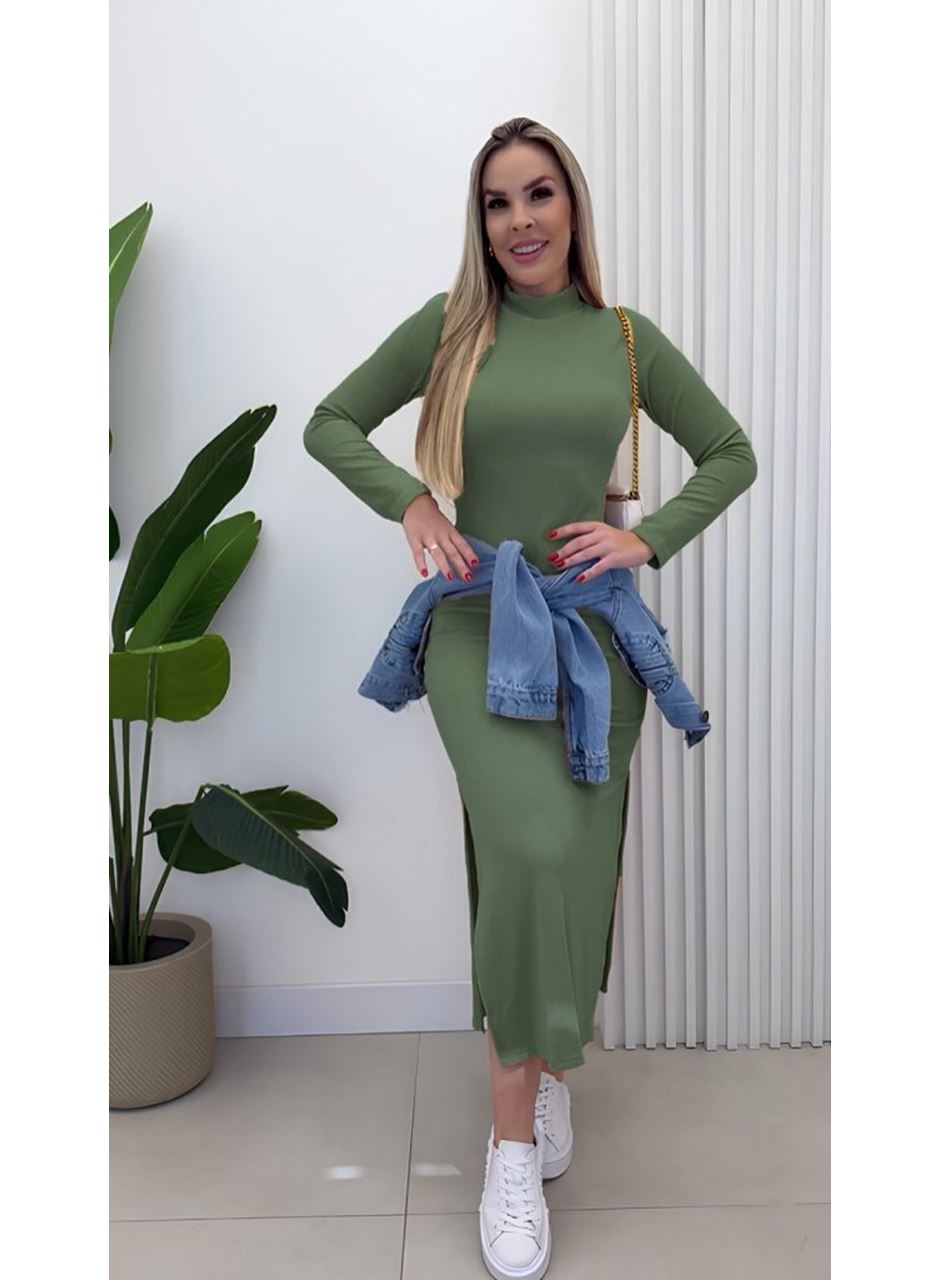 Kadın Uzun Kollu Balıkçı Yakalı Yanlardan Yırtmaçlı Kaşkorse Maxi Elbise