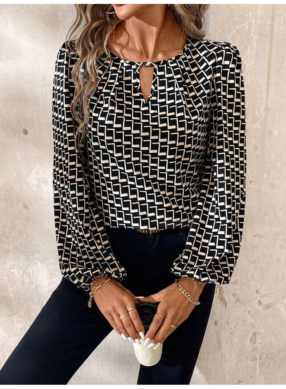 Kadın Uzun Kollu Damla Detaylı Yaka Desenli Süprem Bluz