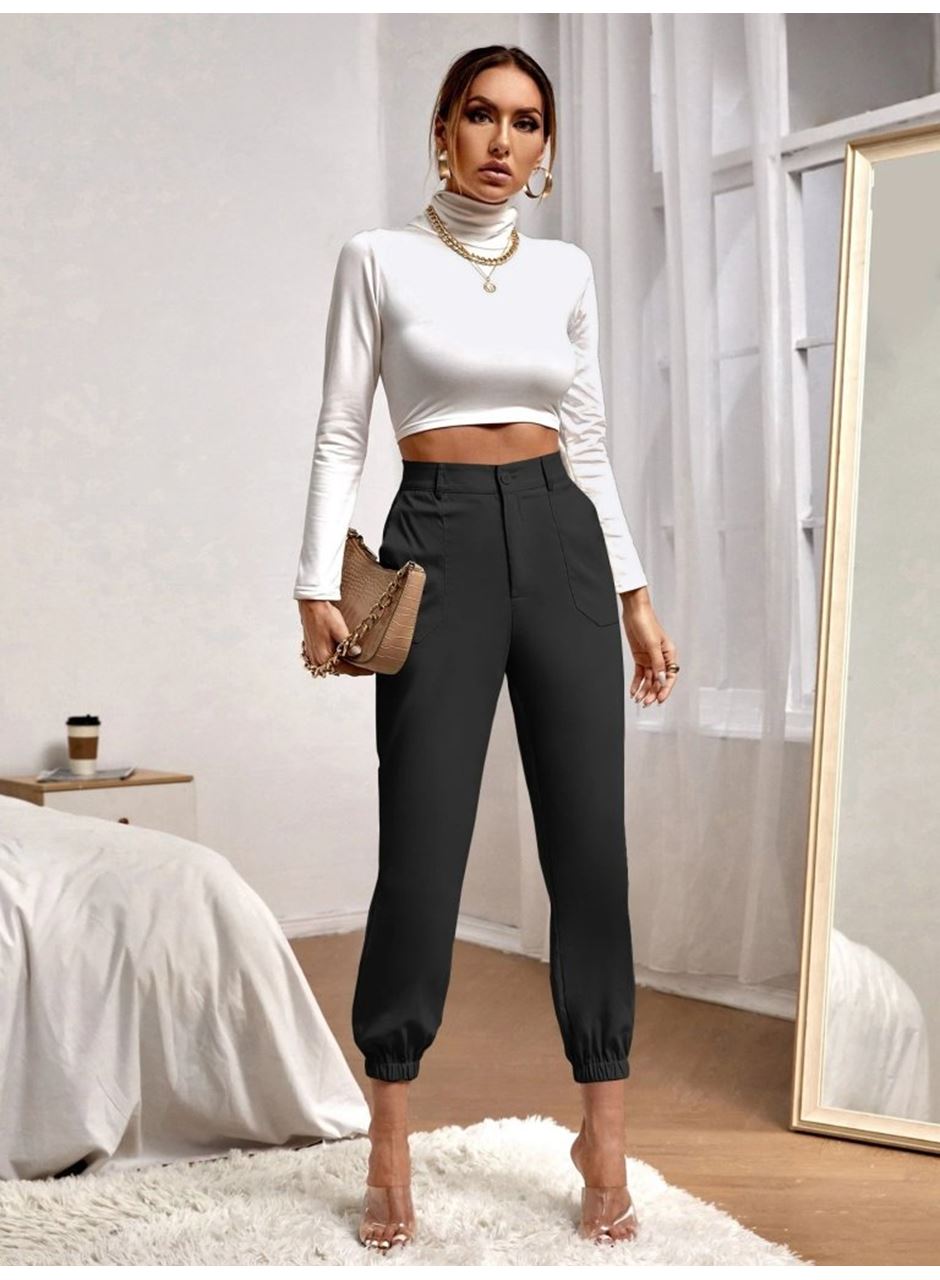 Kadın Yüksek Bel Cepli Paçası Lastikli Ithal Krep Pantolon