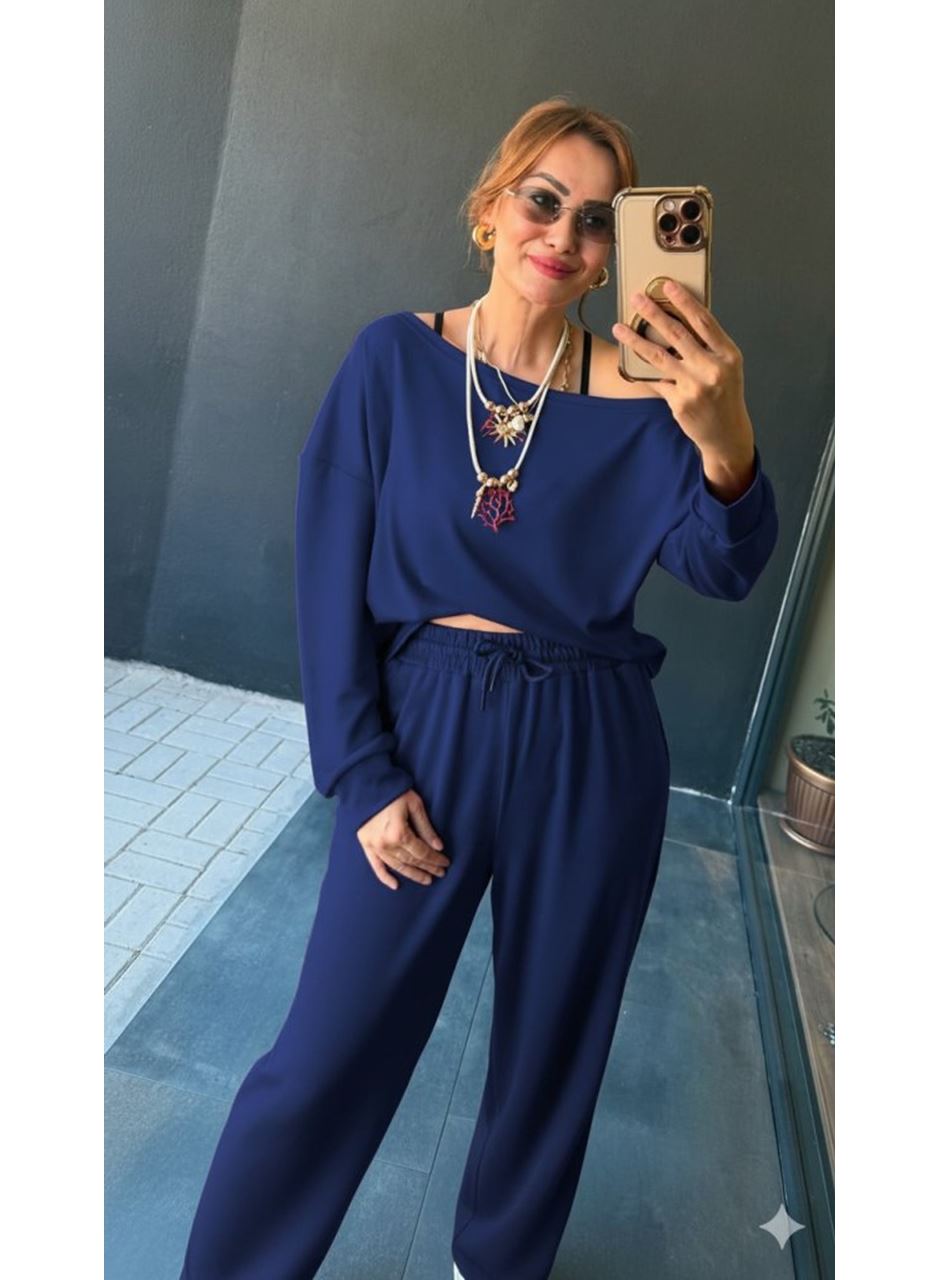 Kadın Uzun Kollu Tek Omuzdan Açık Viskon Iki Iplik Bluz Ve Pantolon Ikili Takım