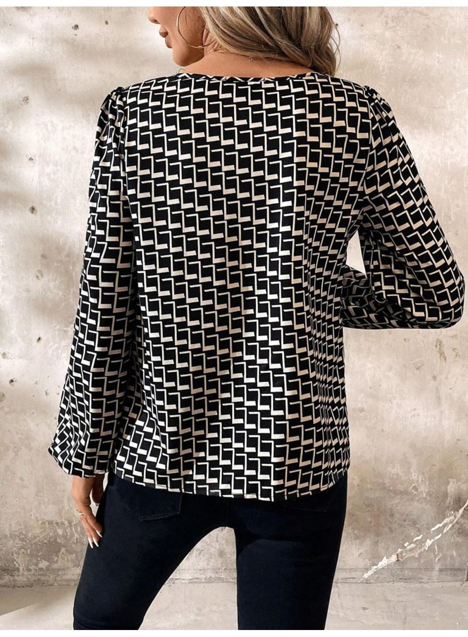 Kadın Uzun Kollu Damla Detaylı Yaka Desenli Süprem Bluz