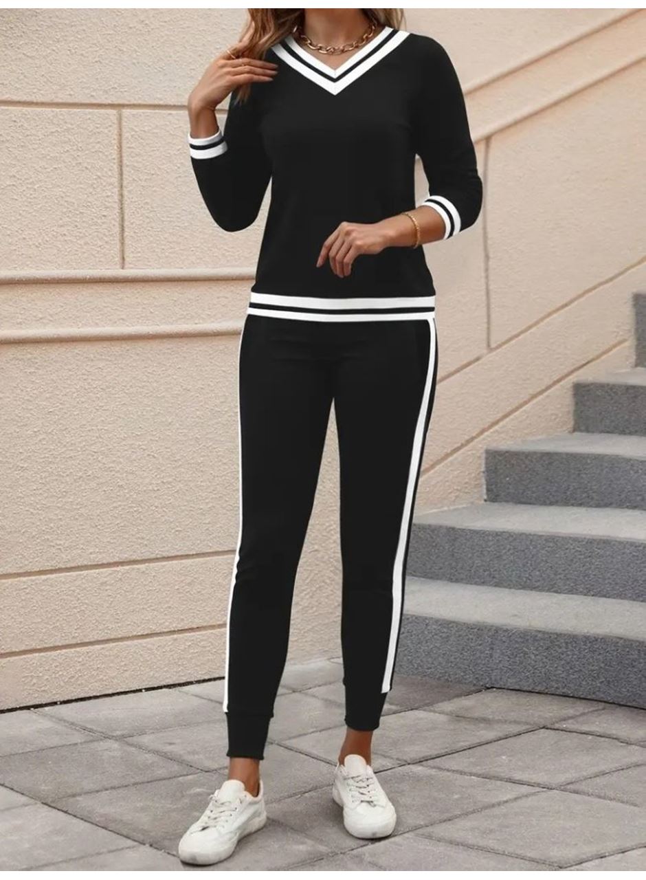 Kadın Uzun Kollu V Yakalı Ribanalı Viskon Iki Iplik Bluz Ve Pantolon Ikili Takım
